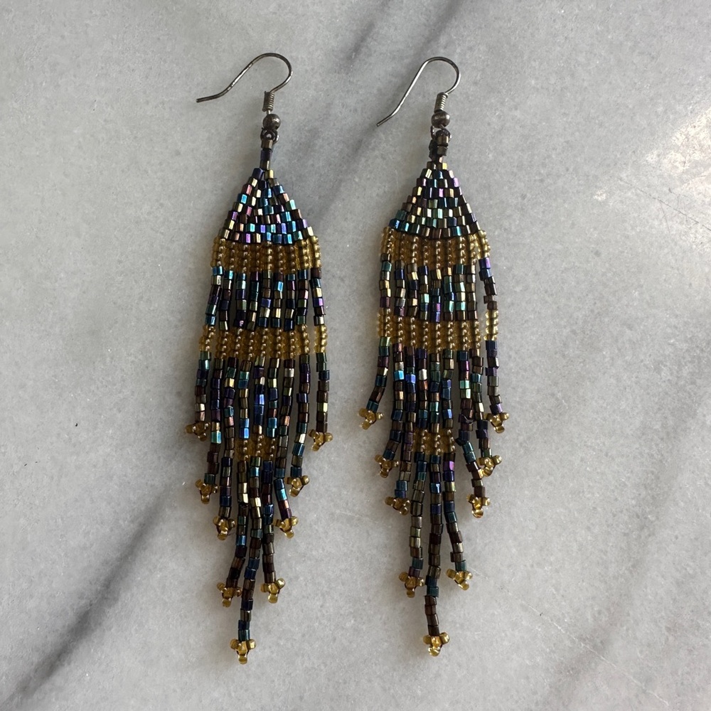 VINTAGE • Bohemian Fringe Beaded Earrings Dark Rainbow Hippie Handmade Witchy